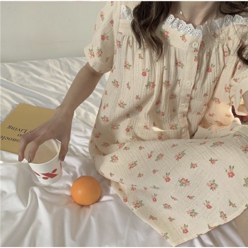 Váy ngủ 2 màu hoa vải xô muslin VN008 tiểu thư