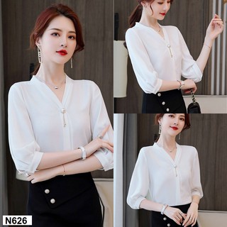 Áo Sơ Mi Nữ Áo Kiểu Nữ Áo Cổ V Đính Phụ Kiện Tay Lỡ Akara N626
