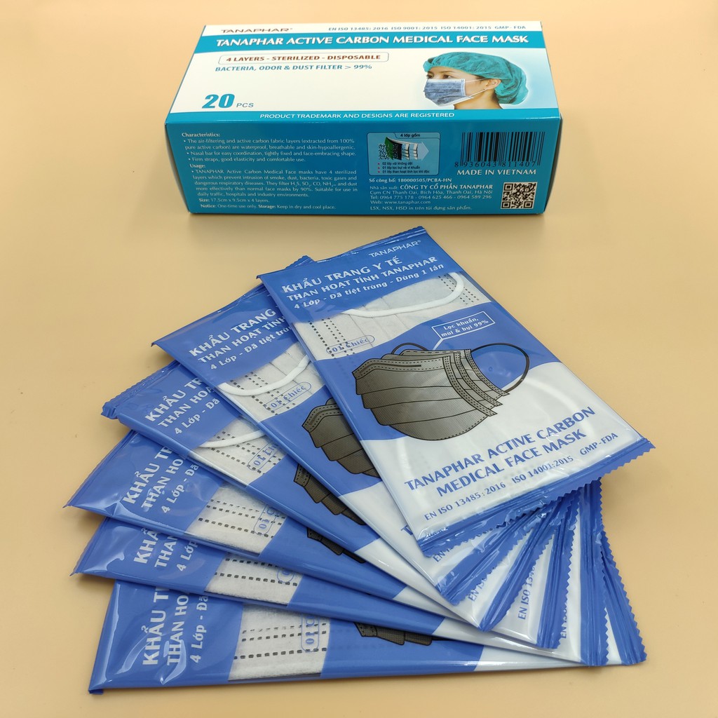 Khẩu trang y tế than hoạt tính Tanaphar 4 lớp - Hộp 20 chiếc tiệt trùng | BigBuy360 - bigbuy360.vn