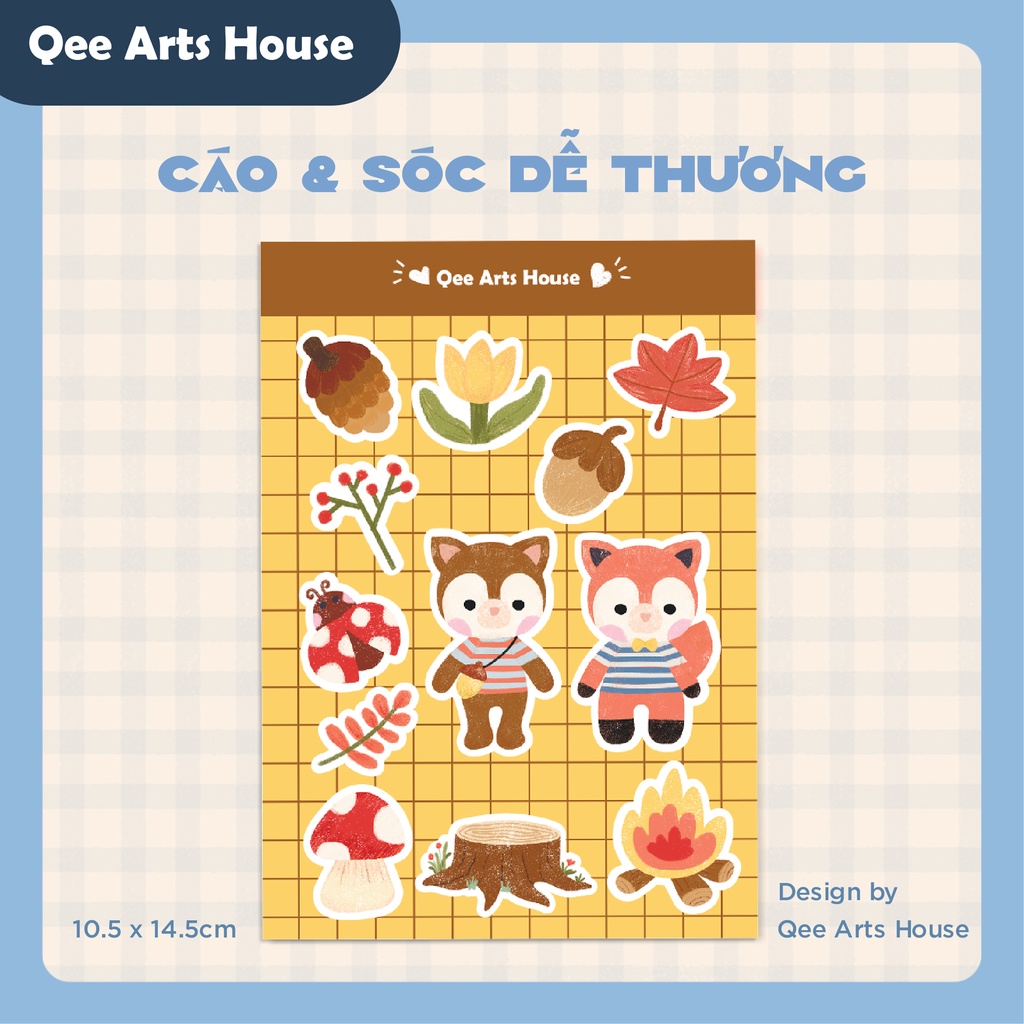 Tấm sticker CÁO & SÓC dễ thương, hình dán đáng yêu, nhãn dán cute trang trí sổ tay | Hàng độc quyền Qee Arts House |