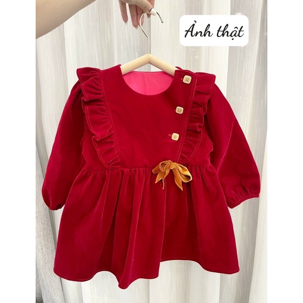 VÁY NHUNG ĐỎ BG VIỀN BÈO ĐÍNH NƠ