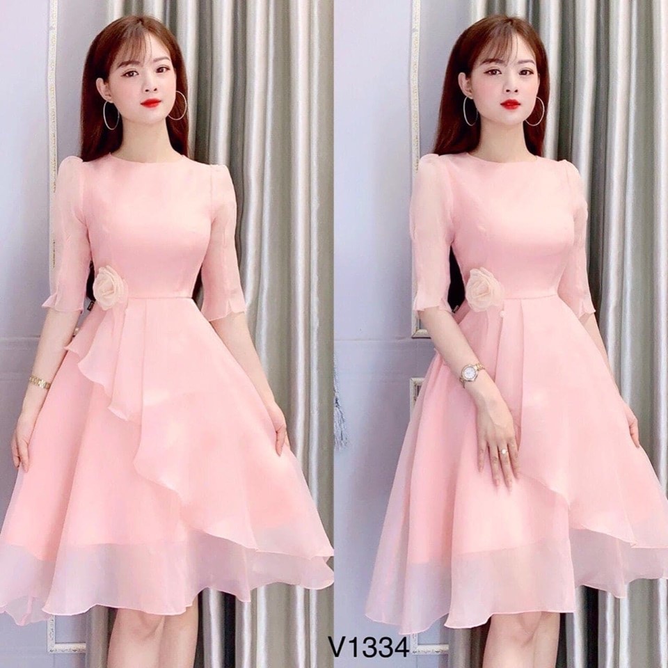Đầm nữ xếp tầng cài trâm dễ thương thời trang Bella