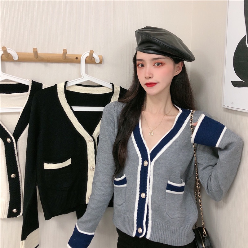 Áo khoác cardigan cổ chữ v phối màu tương phản thời trang