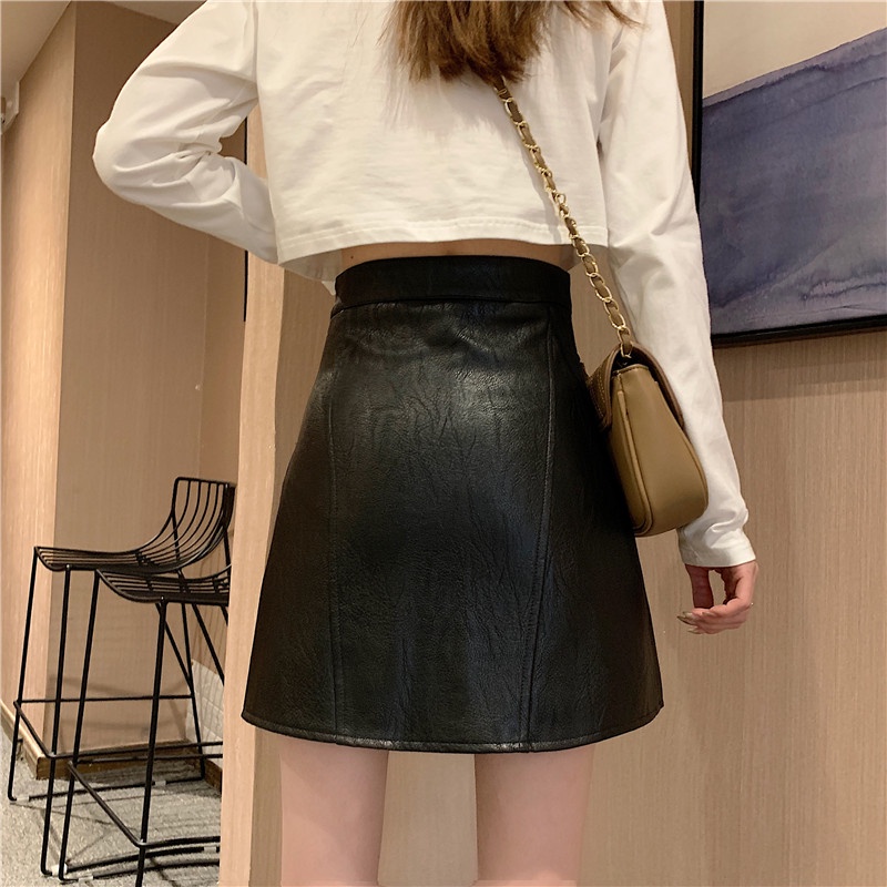 Xiaozhainv Chân váy da PU lưng cao form chữ A phong cách Hàn Quốc trẻ trung cho nữ | BigBuy360 - bigbuy360.vn