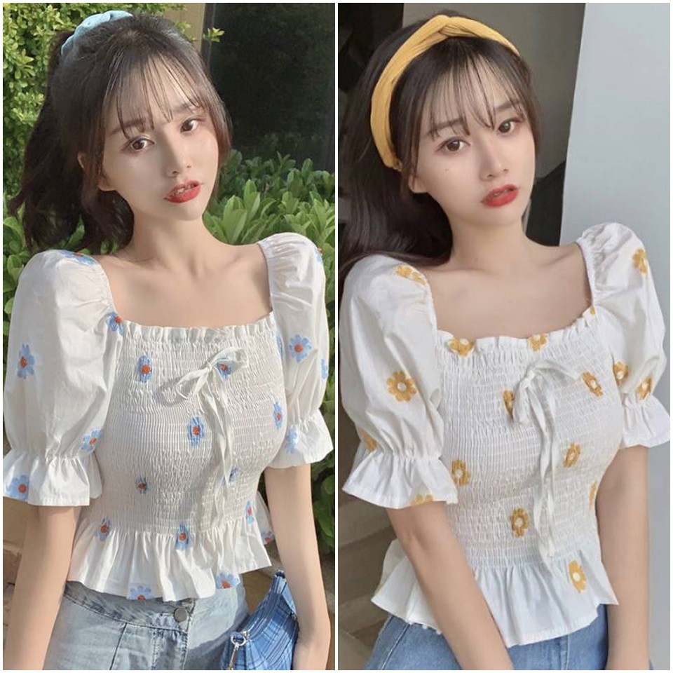 ÁO KIỂU SƠ MI NHÚN BÈO PHỐI NƠ HOA NHÍ ULZZANG - LÀM ĐẸP GIÁ SỈ GB176
