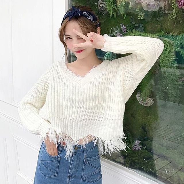 (Có sẵn) Áo len cổ V phong cách ulzzang áo dệt kim mỏng dáng ngắn