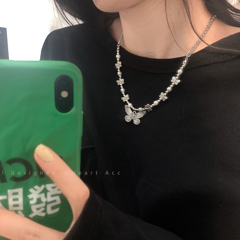 Vòng cổ Thép Titan Mặt Hình Bướm Đính Ngọc Trai Phong Cách Hip Hop