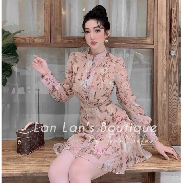 Đầm hoa cổ trụ hồng nude voan chifon siêu xinh Ảnh thật cuối và clip shop tự quay