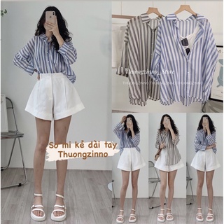 Áo sơ mi nữ chadu tay dài dáng rộng kẻ sọc kiểu retro hàn quốc áo sơ mi cổ vest kẻ sọc