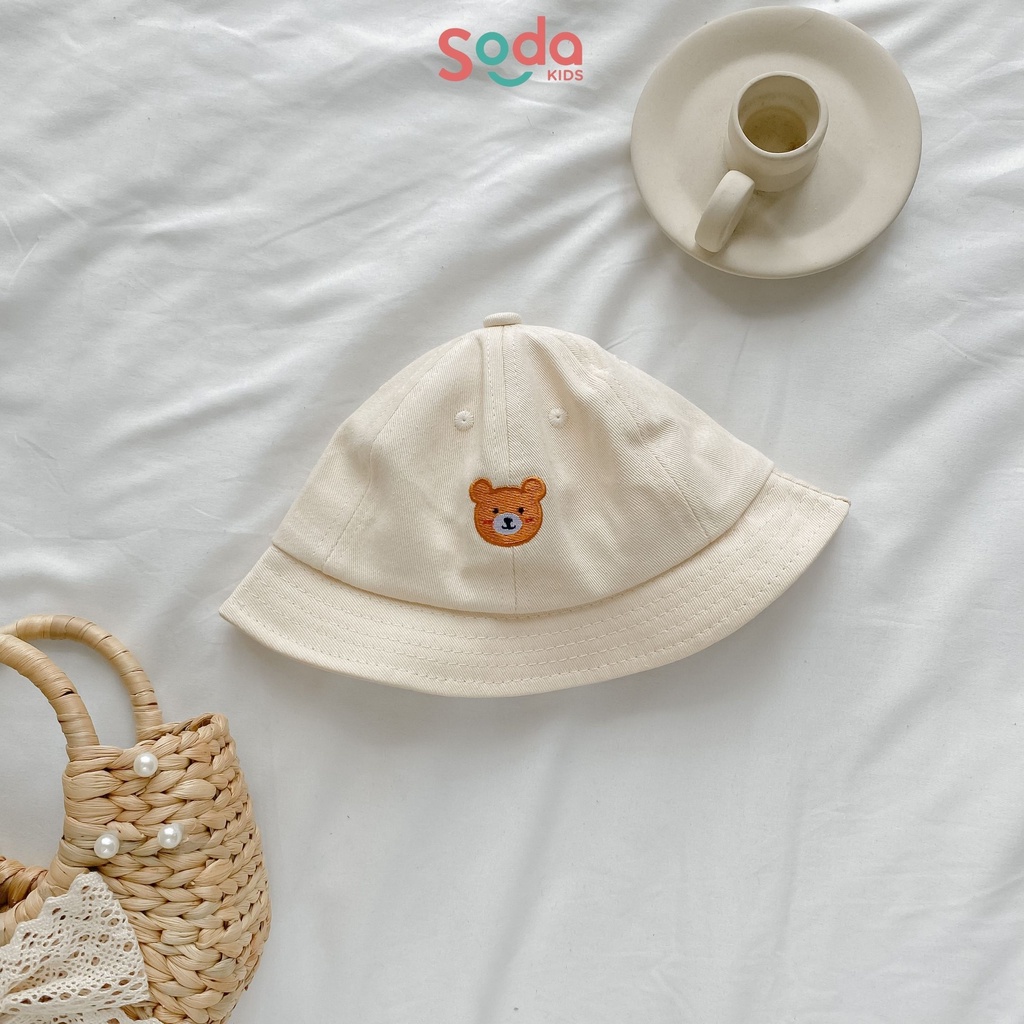 Mũ vành nhỏ trơn thêu gấu 3 màu dành cho bé trai và bé gái (Ảnh thật)