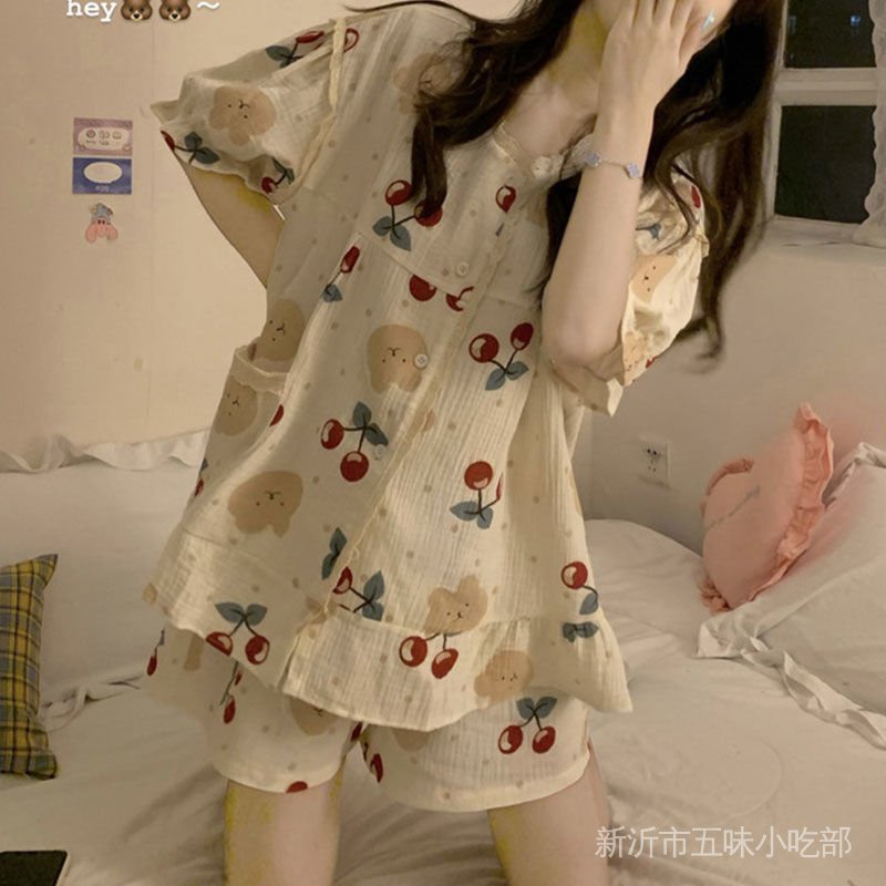 Bộ Đồ Ngủ Tay Ngắn Phối Ren Phong Cách Nhật Bản Dễ Thương Thời Trang Mùa Hè Cho Nữ