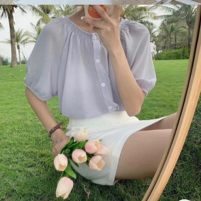 Áo voan chifon cổ tròn tay bồng nhún cổ  AJJ Hàng Quảng Châu