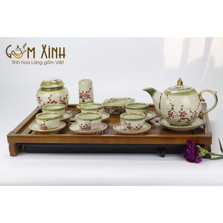 Ấm chén Bát Tràng_Bộ bình trà chóp lửa vẽ hoa đào men da lươn & phụ kiện