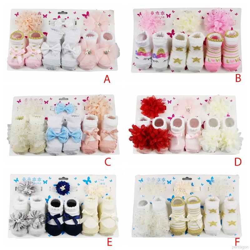 Set 3 món vớ cotton chống trượt đính nơ + băng đô xinh xắn cho bé