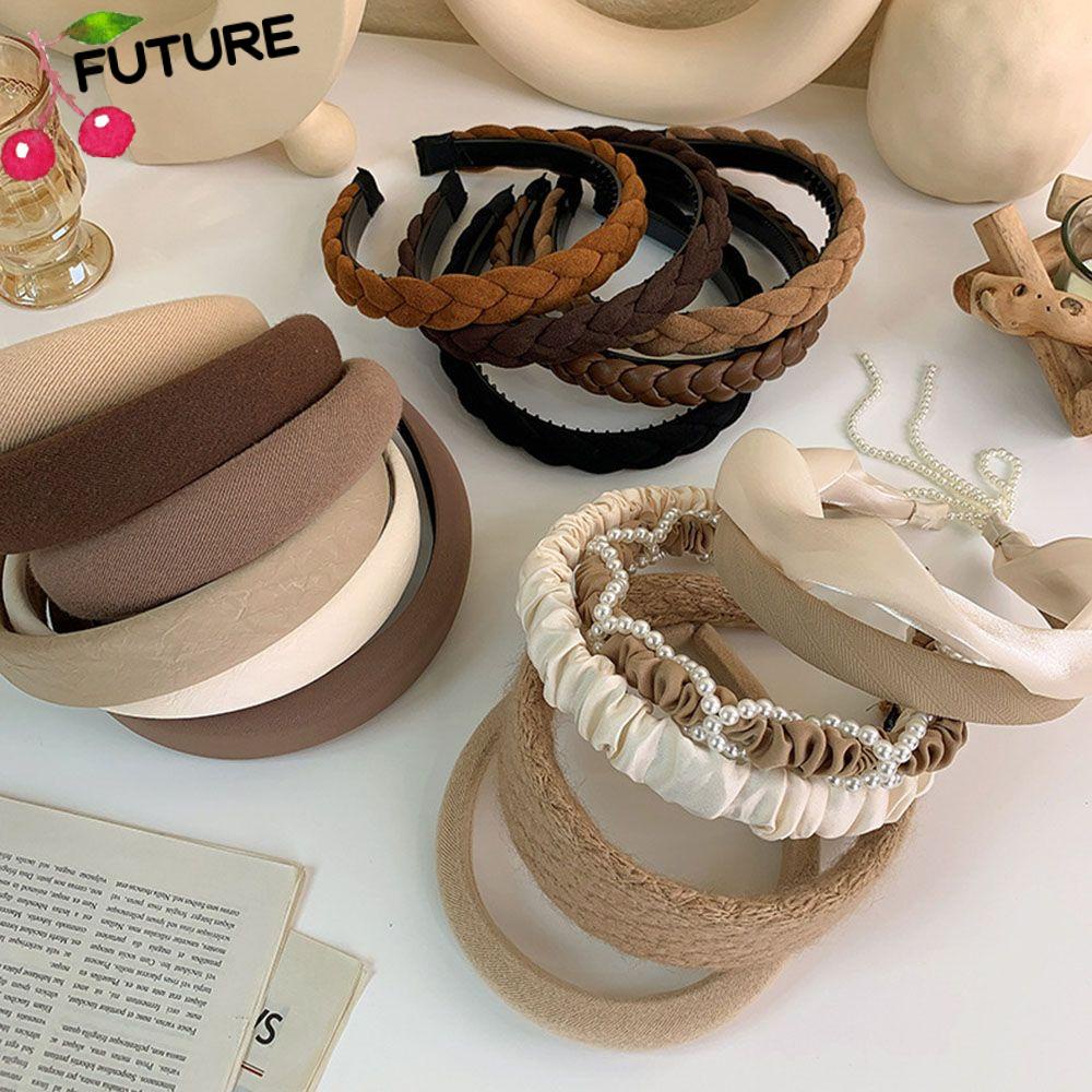 Băng Đô Cài Tóc Bản Rộng Bằng Vải Dệt Kim Màu Trơn Co Giãn Thời Trang Thu Đông Cho Nữ