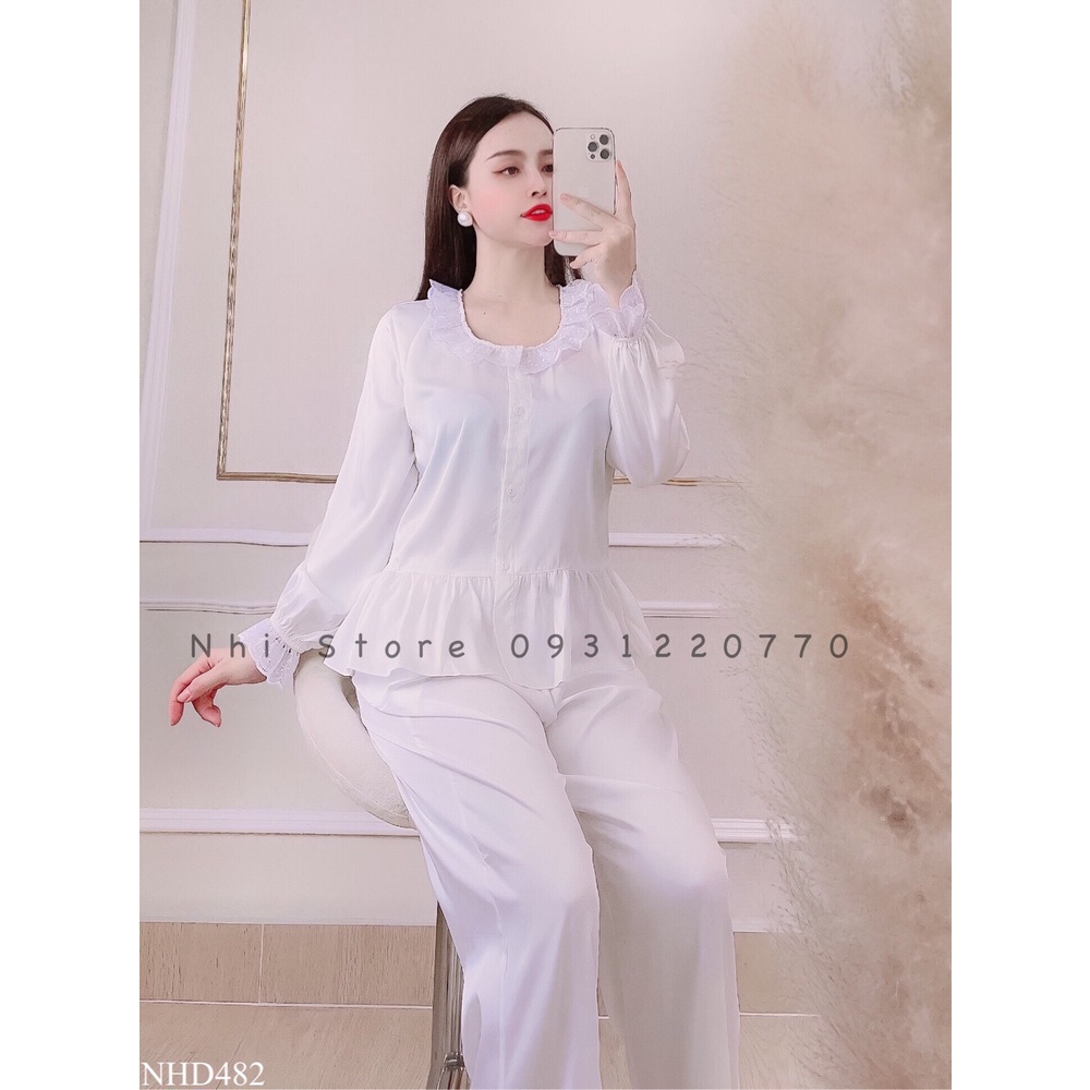 ( Freeship 50k ) Bộ Mặc Nhà Pijama -Bộ Lụa Latin Nhistore Quần Dài Tay Dài Cổ Tròn Phối Ren Tiểu Thư Size 45-57kg