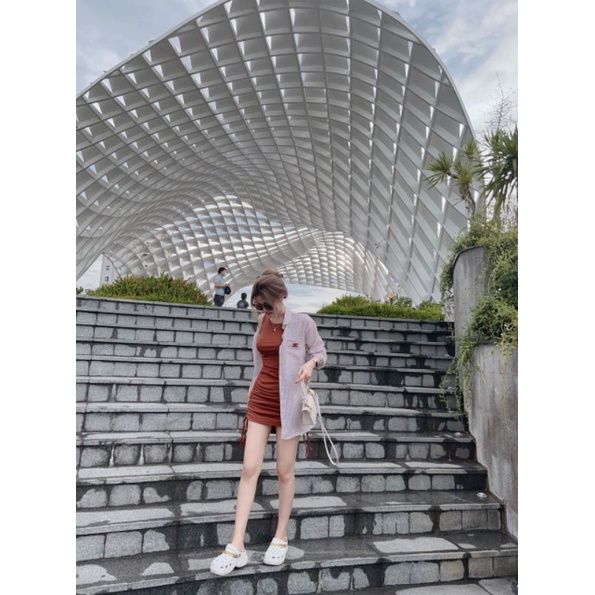 Set Đồ Nữ Ms.1586 Đầm Body Rút Hông Tay Sát Nách Chất Zip Phối Áo Khoác Sơ Mi Cắt Lưng Chất Thô Lụa