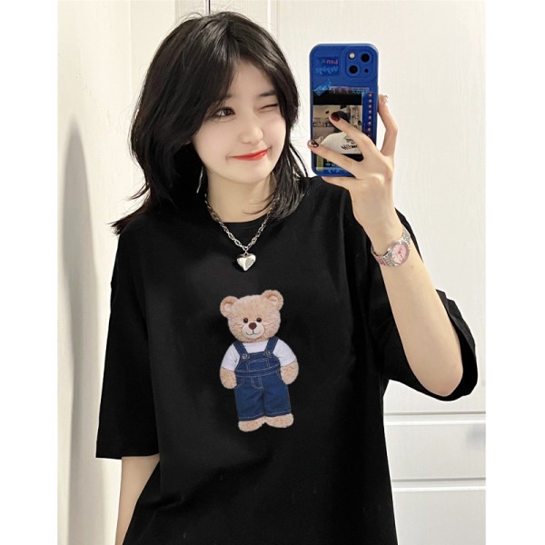 Áo Thun Tay Ngắn Màu Trơn In Họa Tiết Hoạt Hình Phong Cách Hàn Quốc Thời Trang Cho Nữ Cỡ 2XL