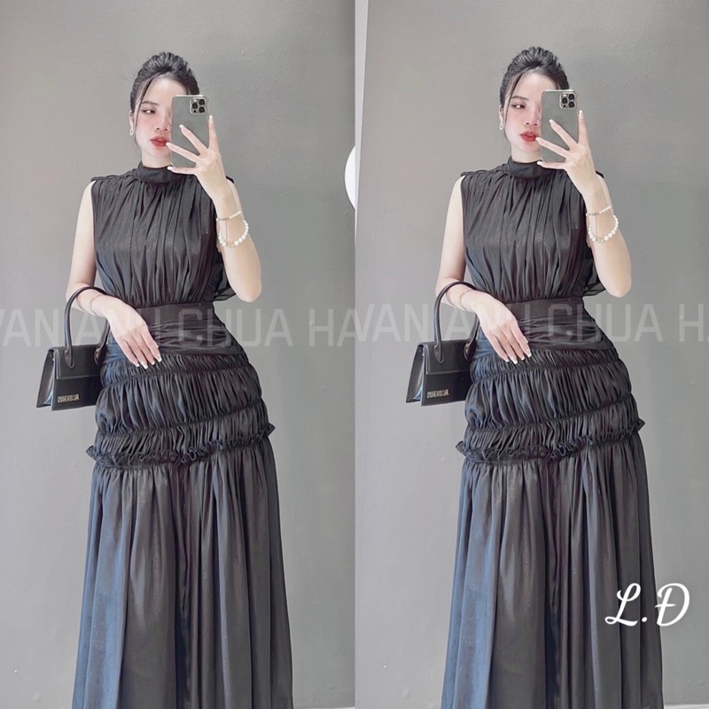 Váy tơ nhún tầng cổ lọ sang chảnh hack dáng