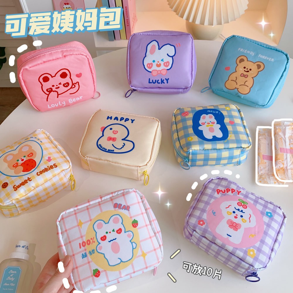 Túi Đựng Vật Dụng Cá Nhân Hoạ Tiết Động Vật Gấu Thỏ Dễ Thương Phong Cách Hàn Quốc Cho Nữ