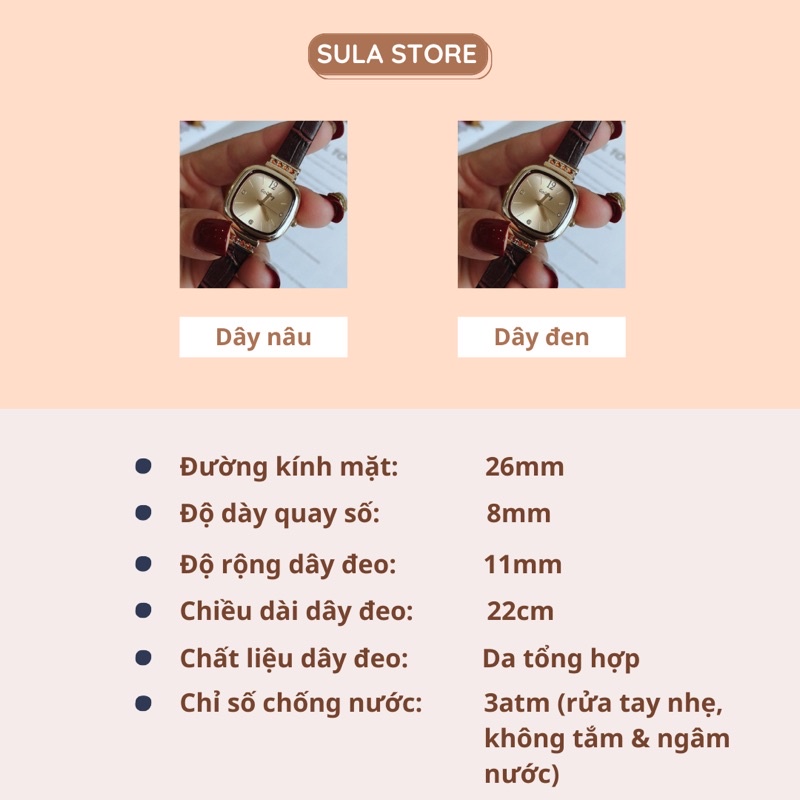 Đồng hồ nữ dây da mặt vuông SULASTO đẹp sang trọng chống nước 3ATM