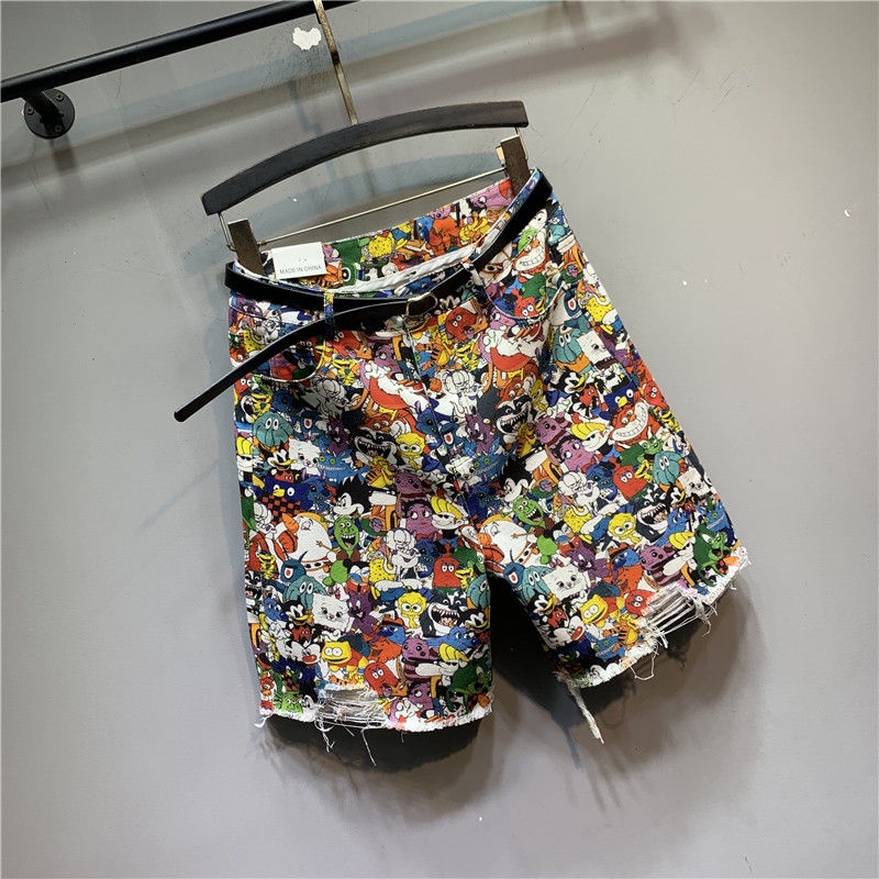 Quần Short Jeans Lưng Cao Ống Rộng Họa Tiết Hoạt Hình Phong Cách Hàn Quốc Cho Nữ