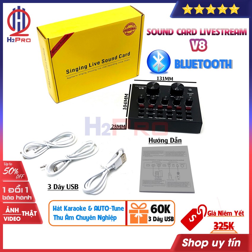 Sound card livestream v8 Bluetooth H2PRO cao cấp có AUTO-Tune (1 bộ), thu âm chuyên nghiệp, hát karaoke (tặng 3 dây 60k)