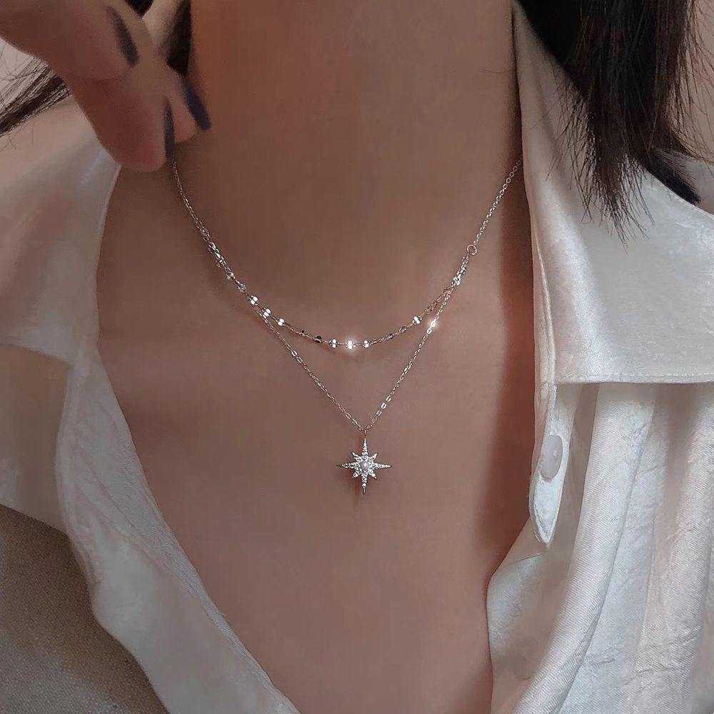 Vòng cổ hai lớp đính đá zircon hình ngôi sao phong cách cổ điển Hàn Quốc cho nữ