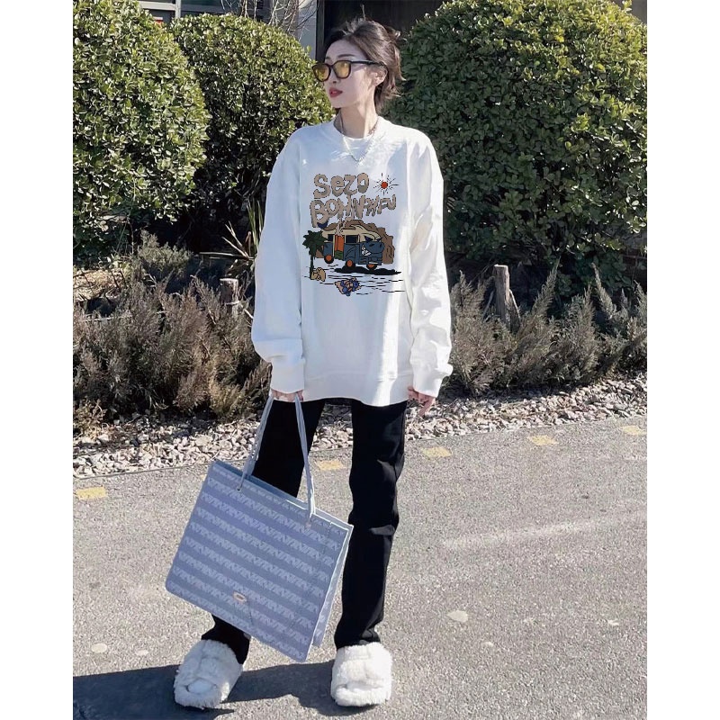 Áo sweater SELVZE cotton cổ tròn dáng rộng phong cách đường phố Mỹ chất lượng cao