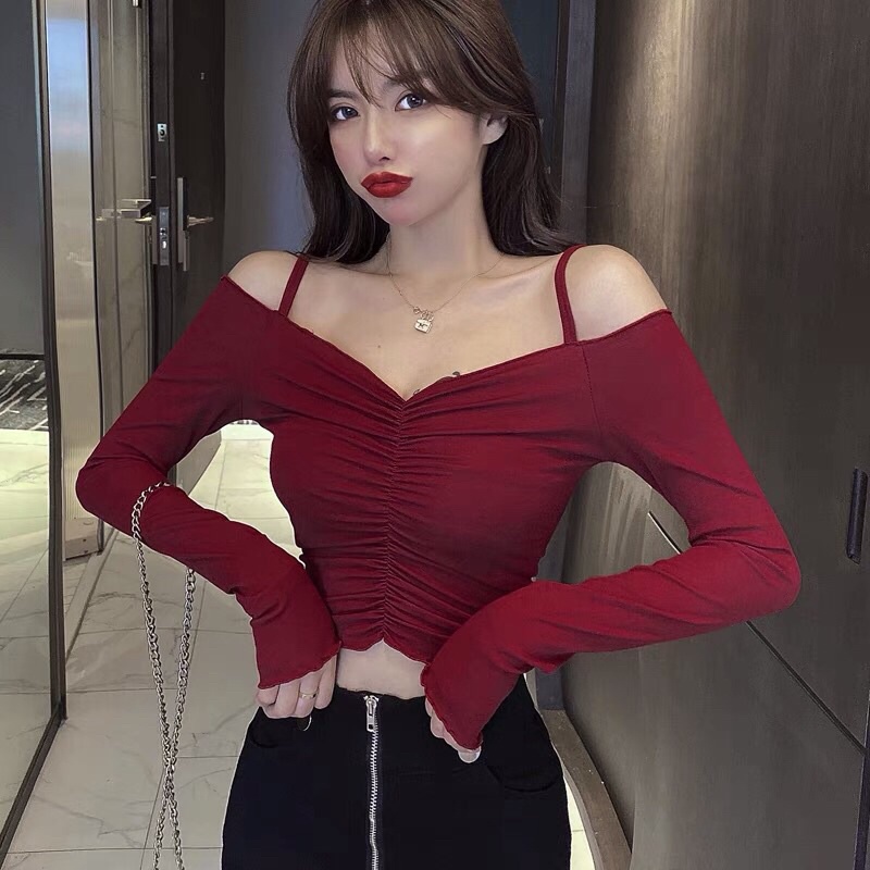 Áo kiểu thun trễ vai croptop tay dài hai dây chít ngực