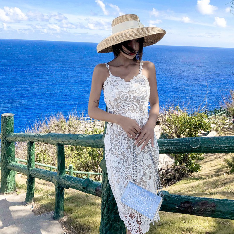 Đầm hai dây dáng ôm phối vải ren thời trang quyến rũ cho nữ