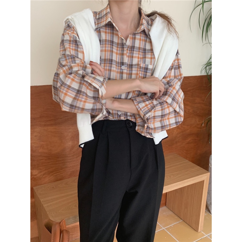 SUXI Áo Sơ Mi Tay Dài Form Rộng Họa Tiết Sọc Caro Phong Cách Retro Hàn Quốc