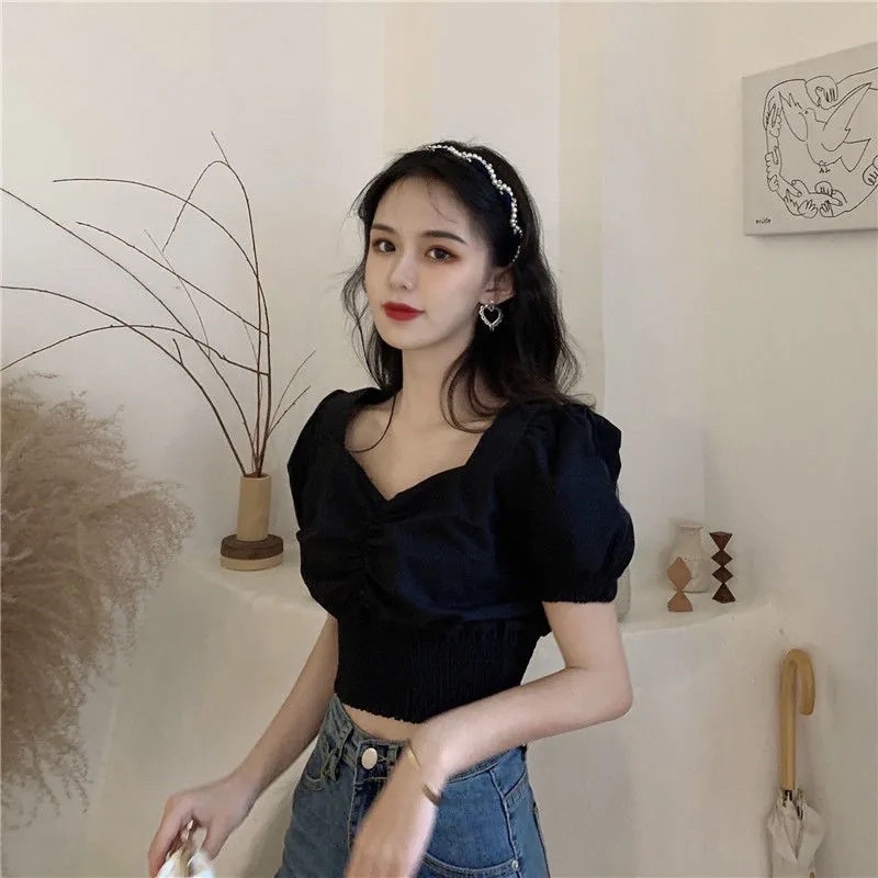 Áo Sơ Mi Tay Phồng Cổ Chữ V Màu Trơn Eo Co Giãn Phong Cách Hàn Quốc Thời Trang Cho Nữ 2021