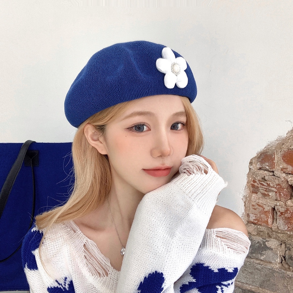 Nón Beret Vải Lụa Mỏng Thoáng Khí In Hoa Nhỏ Màu Xanh Dương Phong Cách Nhật Bản Dễ Thương Cho Nữ