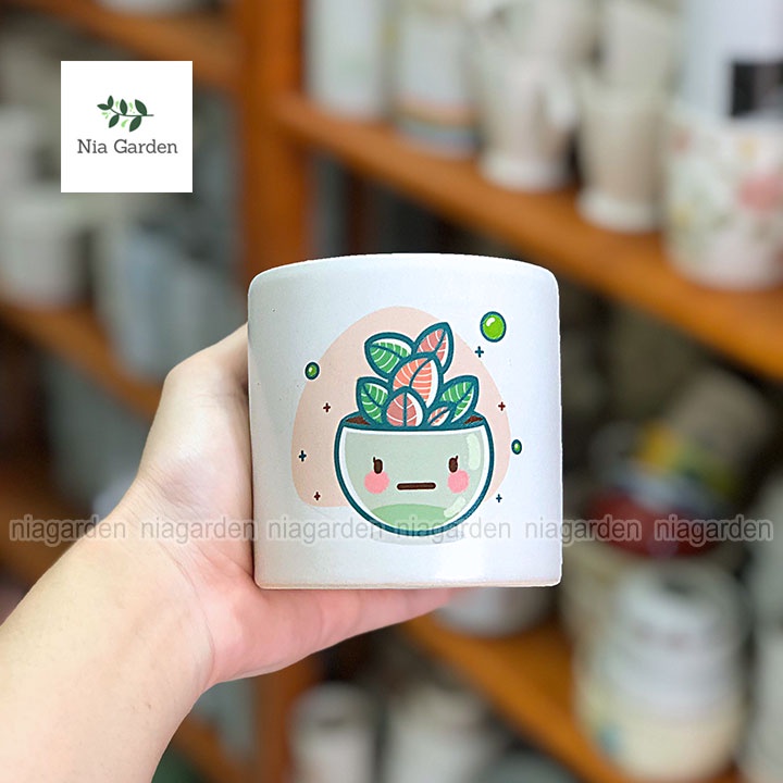 Chậu mini trồng sen đá xương rồng cây để bàn trụ nhỏ in hình Nia Garden N2