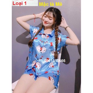Bộ Ngủ Pijama Ngắn Phi bóng mịn HELLO KITTY Hình Mới Loại 1 DƯỚI 51 KÝ(hình thật )