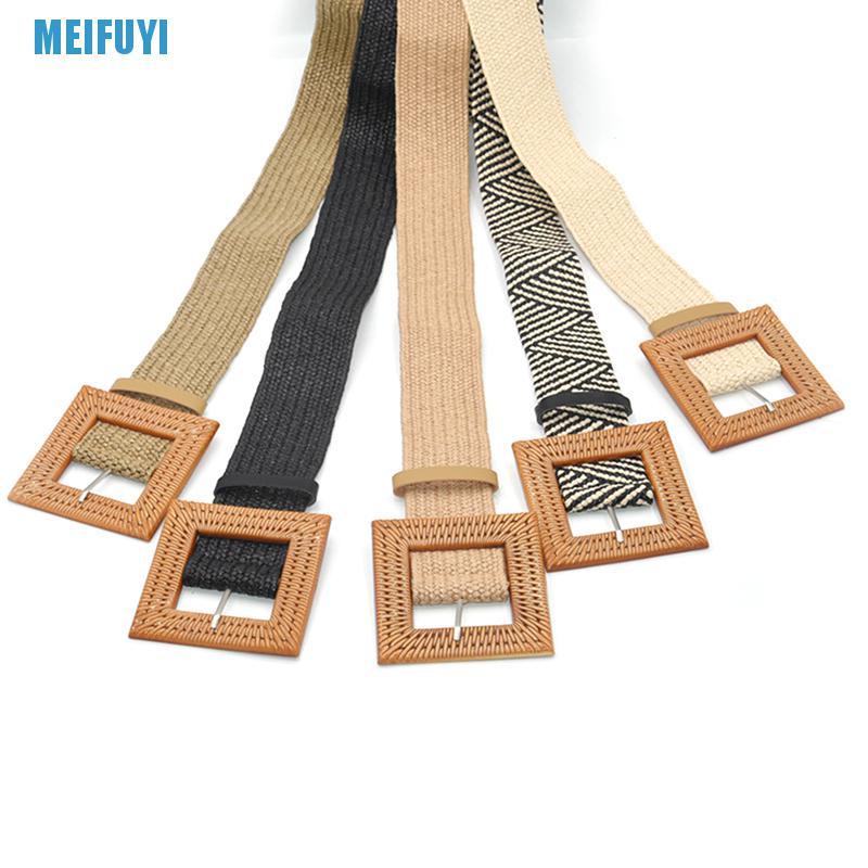 Thắt Lưng Đan Rơm Co Giãn Khóa Vuông Phong Cách Boho 439v