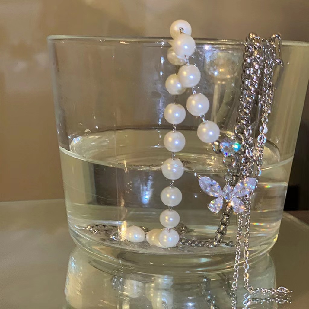Vòng Cổ Choker Mặt Bướm Đính Đá Zircon Ngọc Trai Giả Ngọt Ngào Và Mát Mẻ