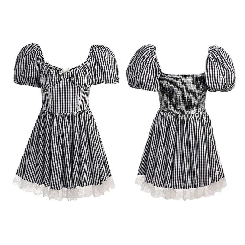 Đầm Tay Ngắn Phồng Cổ Chữ V Họa Tiết Kẻ Ô Thắt Nơ Eo Cao Phong Cách Gothic Cổ Điển Quyến Rũ Dành Cho Nữ