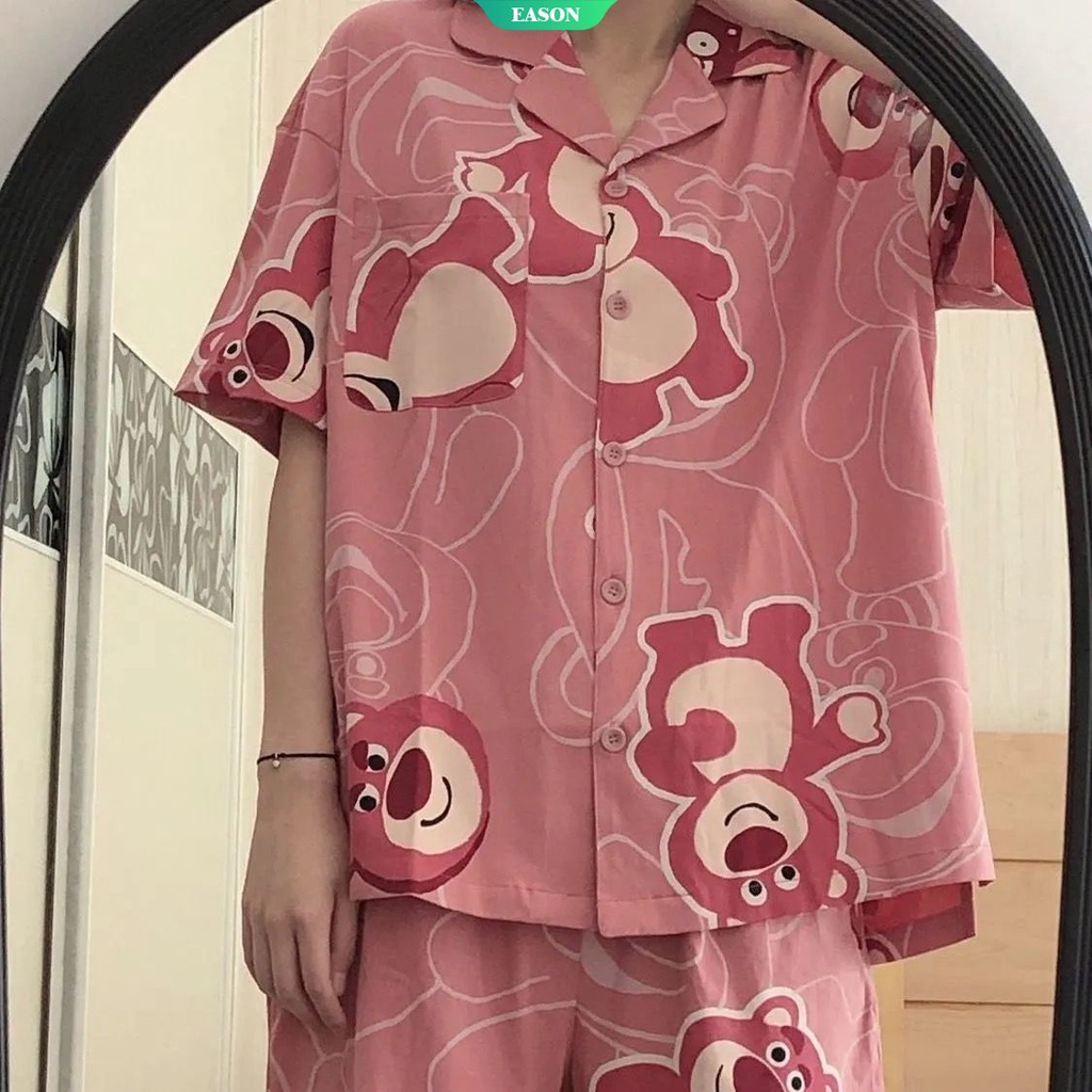 Bộ Đồ Ngủ 2 Món Áo Cardigan Tay Ngắn Phối Quần Short In Hình Dâu Tây Màu Hồng Thời Trang Mùa Hè Cho Nữ