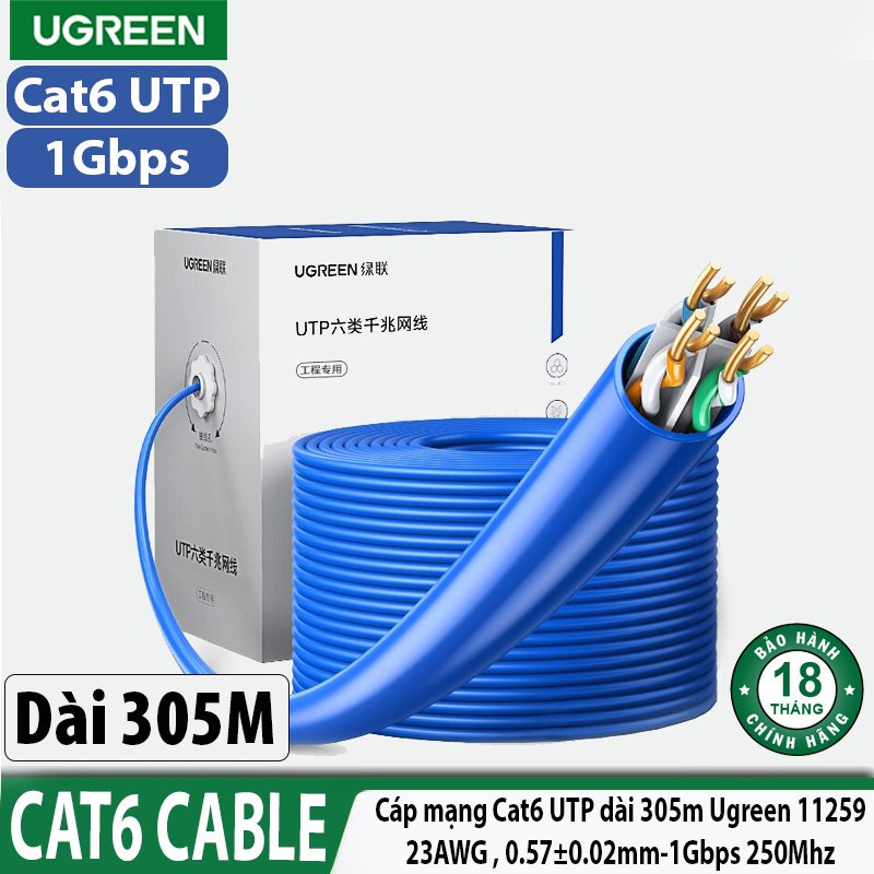 Cáp mạng RJ45 Cat6 UTP Ugreen 11259 NW109 ( Thuần Đồng, 0.57mm 23AWG 250Mhz,305met ) Chính Hãng