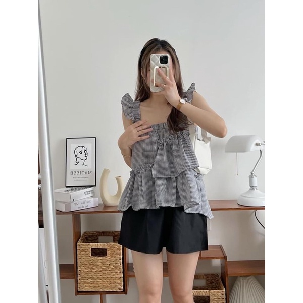 Set babydoll áo dây ngang xếp bèo 3 màu Vintage