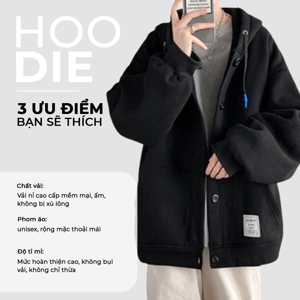Áo Khoác Nỉ Bông Nam, Nữ Basic Unisex Nỉ From Rộng Màu Đen HDN 905