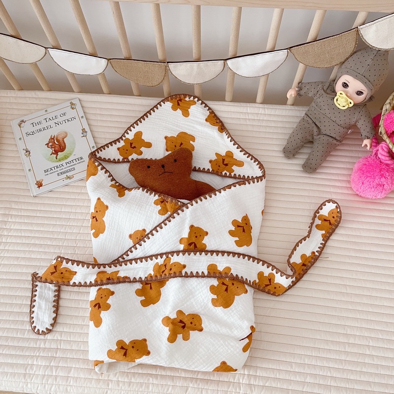 Khăn ủ choàng cotton organic, chăn ủ có mũ cho bé HolaKids Decor