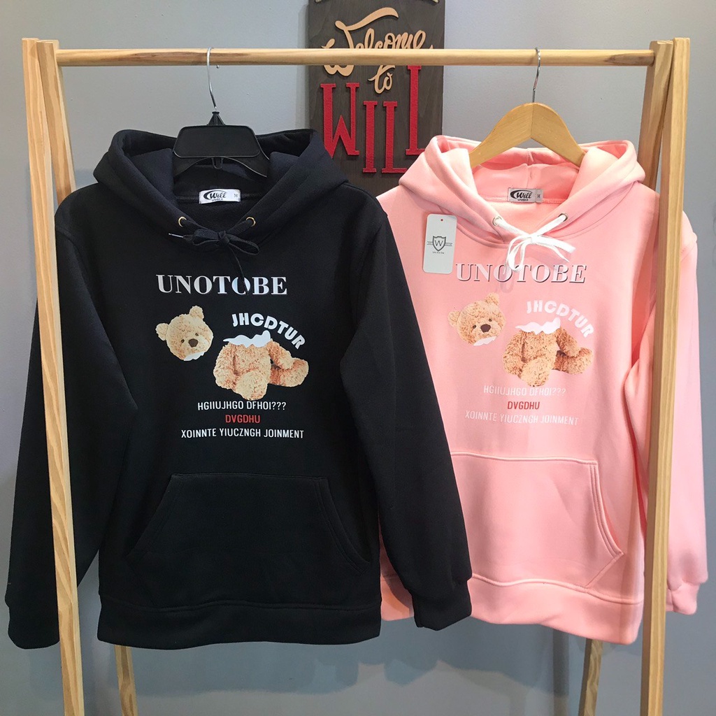 ÁO HOODIE GẤU UNOTOBE NGỌC/ĐEN/HỒNG ảnh thật