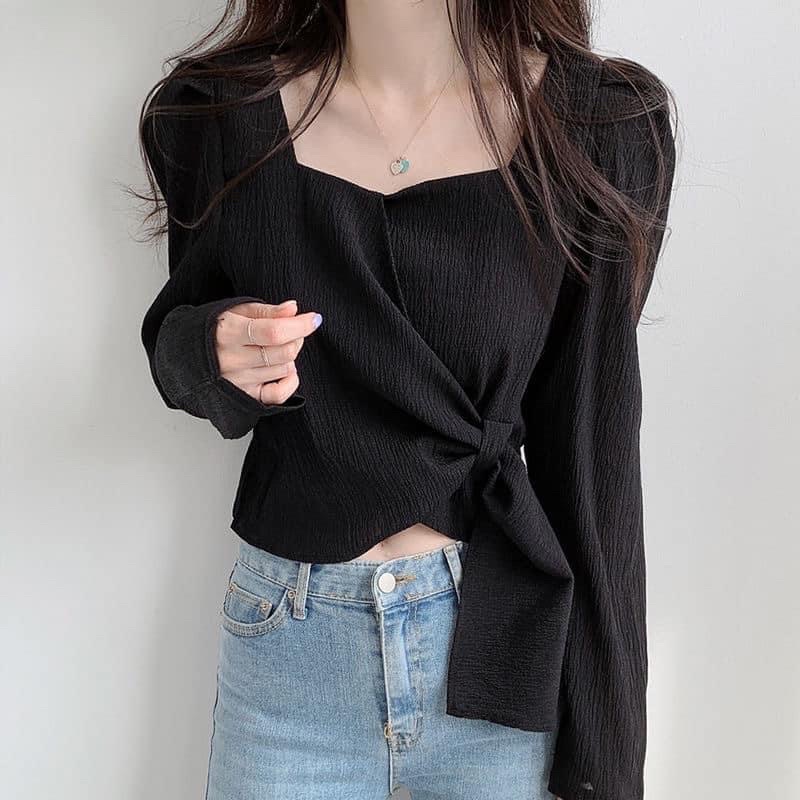 Áo Kiểu  tơ đũi Nữ dài tay cách điệu ulzzang  dáng ngắn ⚡️Hàng quảng châu  thời trang  Cổ vuông Tà lệch