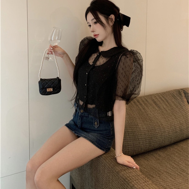 Set Đồ 2 Món Gồm Áo Lưới Tay Ngắn Xuyên Thấu Dành Cho Nữ