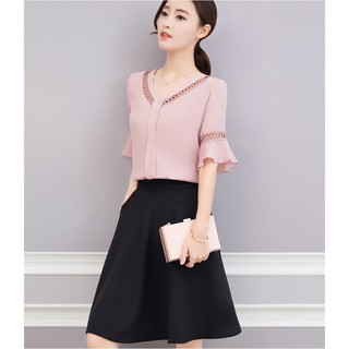 Áo sơ mi cổ tim phối ren tay loe - mã ssl1208