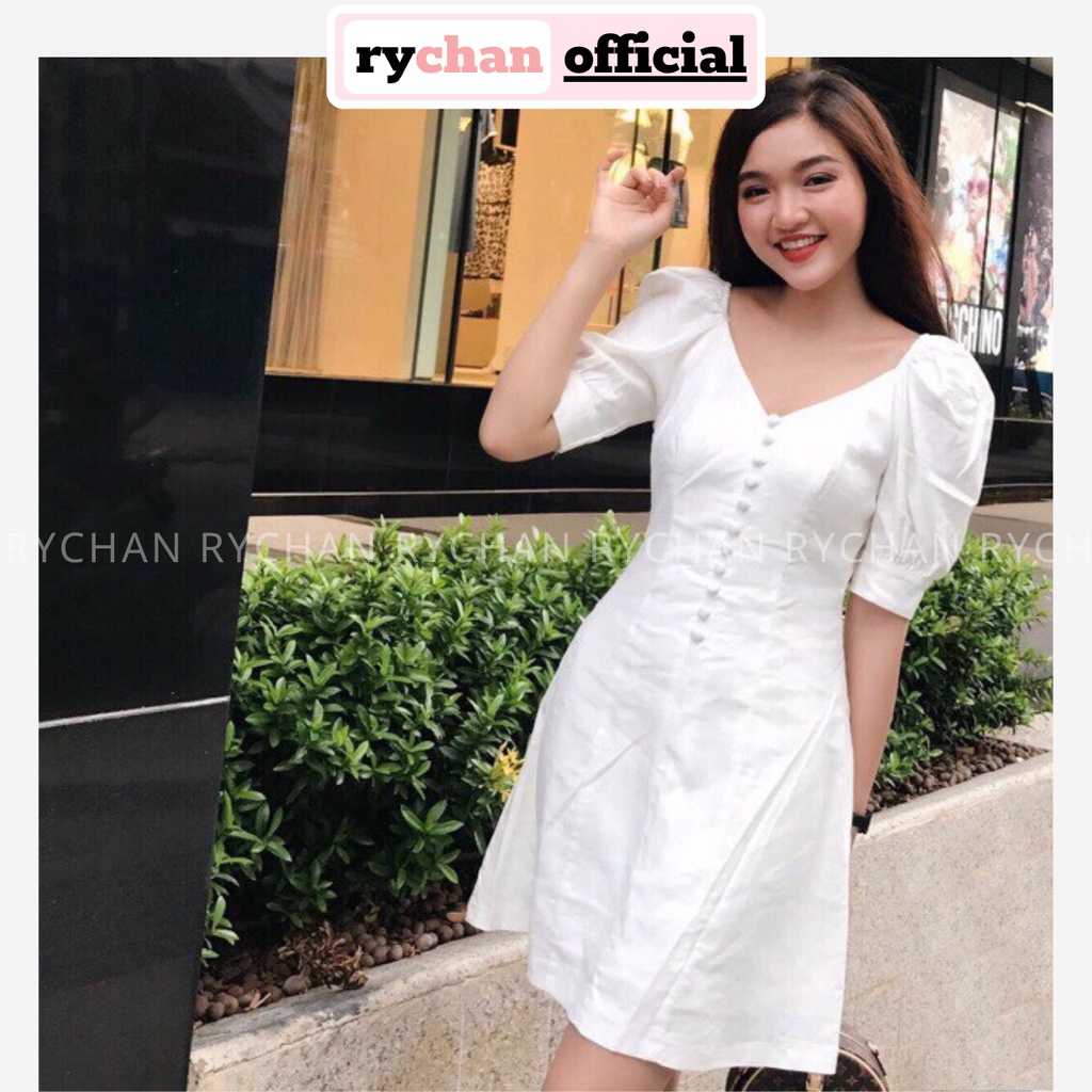 DX617 - Đầm Xòe Trắng Cổ V Phối Nút Tay Phồng