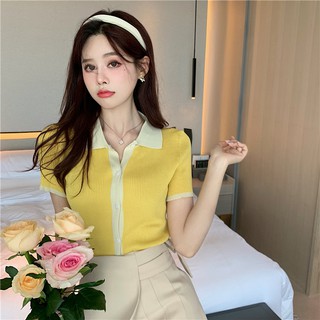 Áo len tăm cổ sơ mi, áo len nữ ngắn tay mùa hè dễ thương